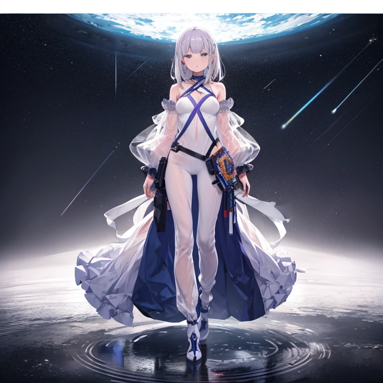 masterpiece, highest quality、Medium wide shot、cowboy shot、 beautiful urban female model, Full body white transparent clothes standing under the stars at night in the sky, disappeared transparent pants, Tall figures, thin legs, facial details, Detailed details of body parts, 8k wallpaper