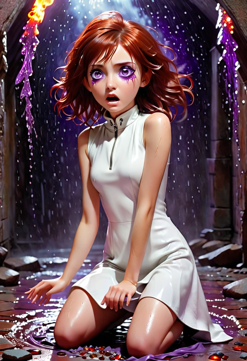 Falling fiery comets rain down)) (( scared features)) on a girl (( full body)) ((kneeling)) ((wide shocked purple eyes))with straight short reddish-brown hair and wearing white leather mini dress with a silver zip from her neck to the hem of the dress. A red cotton scarf is on the shardp stones on the ground