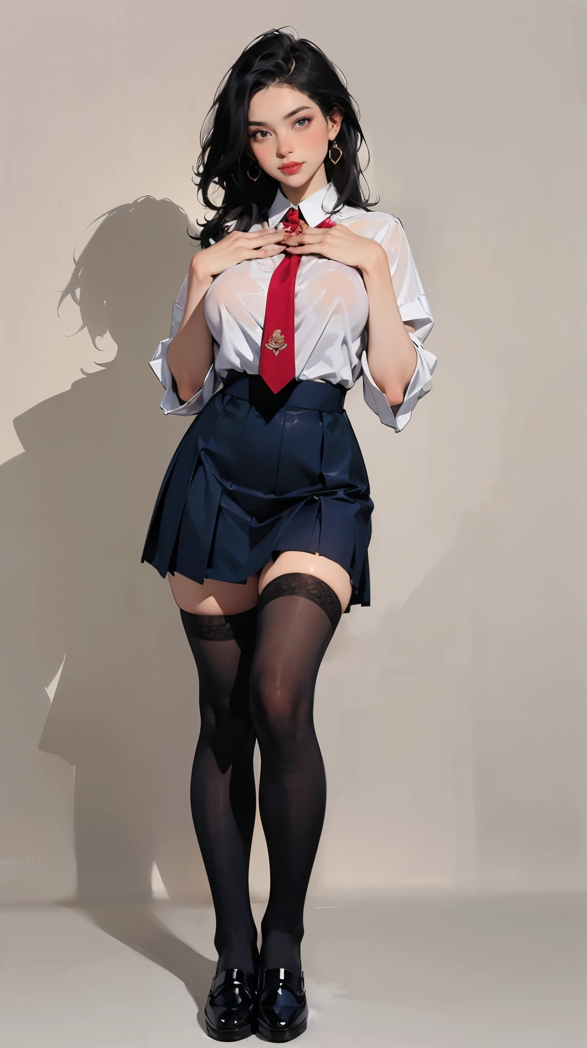 ((best quality,4k,highres,masterpiece:1.2)),((character concept art)), 1 female, age 18. Known for her youthful charm and unwavering determination, Her body language is as modest as her personality, always exuding a sense of innocence and resilience. ((She is dressed in a prestigious Tokyo high school uniform)), (((The uniform includes a tailored navy blazer with the school crest on the chest, a necktie, a white blouse with a Peter Pan collar underneath that compliment her natural E-cup breasts, a pleated maroon skirt that emphasizing her figure))). (((She enhances her look with Sheer black stockings and black leather oxford shoes))), carrying her ensemble with an air of subtle confidence. Her accessories are minimal, reflecting her simple lifestyle at this age. ((intricate detail)), super finely detailed hands, ultra finely detailed fingers(((ten fingers))), (standing confidently), (full body showcase), (show full body), (no logos on background), (no logo), ((plain background)), ((plain background)), (((empty background))).