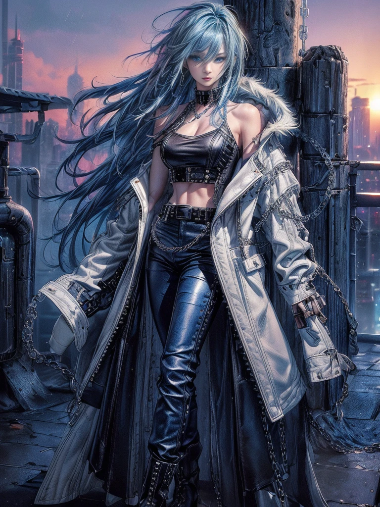 cinematic lighting、highest quality,cyberpunk world、1 female、(20 year old beautiful woman、Detailed beautiful facial featureEdium hair blue hair、shoulder length hair、messy hair、blue eyes:1.4)break,medium hair、(Bright blue hair:1.5)
break
((dark leather rebellion) theme),(Punk Rock T-Shirt:1.3) (A leather outfit with a fitted white leather jacket, leather pants, And thick boots:1.1), (Accessorized with silver chain jewelry and a studded leather belt:1.3)、break.(blue hair)
(Evening after the rain、I can see the sunset、Where you can see futuristic buildings in the distance、Wet area immediately after rain:1.2)break(portrait angle)