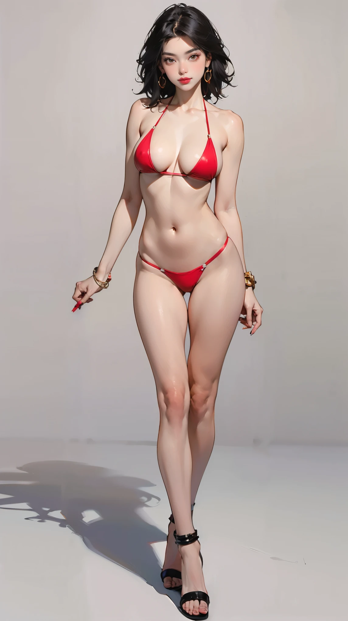 ((best quality,4k,highres,masterpiece:1.2)),((character concept art)), 1 female, age 21. Known for her dedication to fitness and confident personality, Ji-Yeon embodies the role of a modern, young, and independent Korean girl. Her body language is as ambitious and disciplined as her personality, always exuding a vibrant energy, (((She's wearing a red slingshot bikini that leaves little to the imagination))), (((perfectly showcasing her toned physique and her perfectly round perky enhanced 700cc breasts))), The bold color of the bikini draws attention and makes her stand out. She complements her look with a pair of high-heeled sandals that add height and further accentuate her fit figure. A dainty gold anklet adds a subtle touch of glamour to her poolside look. She finishes off her ensemble with oversized sunglasses with a stylish frame for sun protection, adding a chic touch to her ensemble. Her makeup is subtle yet effective, highlighting her natural beauty and complementing her poolside outfit. Her accessories include a sporty headband to keep her hair in place during her workouts. ((intricate detail)), super finely detailed hands, ultra finely detailed fingers(((ten fingers))), (standing confidently), (full body showcase), (show full body), (no logos on background), (no logo), ((plain background)), ((plain background)), (((empty background))).