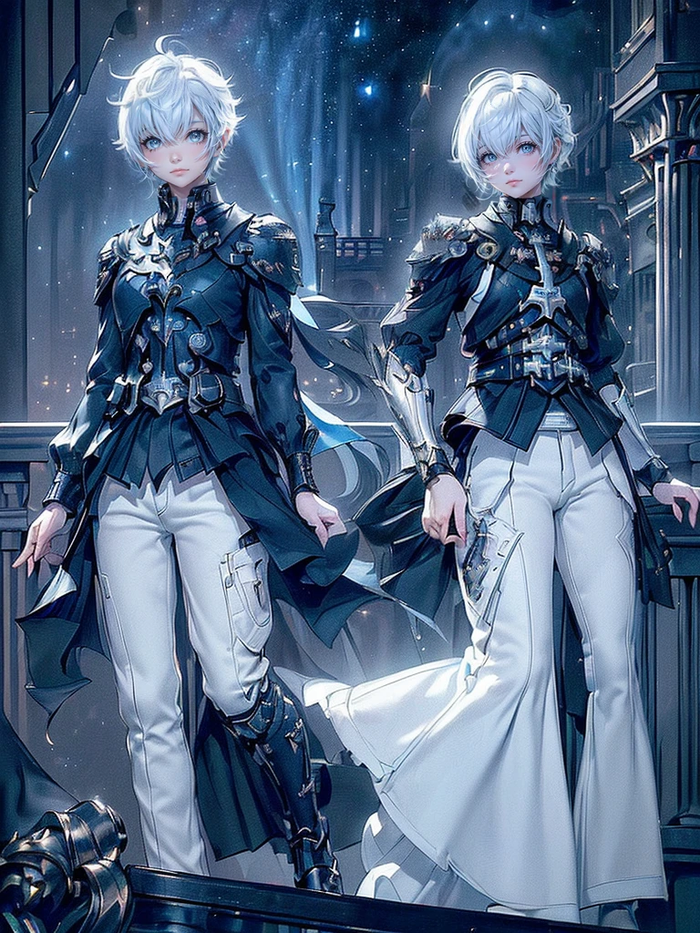 ((4K workasterpiece、(highest quality)、one beautiful girl、Because I'm slender、expensive、((Black Y-shirt and white pants、Charming British knight style))、(detailed beautiful eyes)、A fantastic English black balcony、Castle inhabited by villains、Villain Knight、balcony at night、((Against the background of the starry sky))、((dark sky))、((Stylish cityscape at night))、((Standing on a stylish balcony and shooting))、midnight、((Face similar to Carly Rae Jepsen))、((short white hair))、((face becomes smaller))、((neutral face))、((bright blue eyes))、((American adult women))、((Adult female 26 years old))、((cool woman))、((like a celebrity))、((angry look))、((korean makeup))、((long and sharp eyes))、((Happy Date))、((boyish))、professional photos、(((shot alone)))、((Photographed from diagonally in front))、((Focus Zoom In))、((He is looking at the starry sky))、((He is standing on the balcony))、horror、((Beautiful and cool photos))、cool pose
