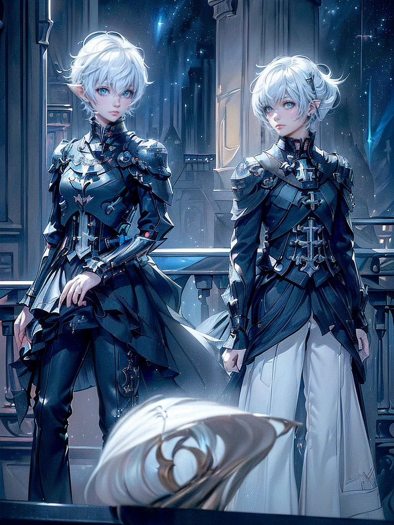 ((4K workasterpiece、(highest quality)、one beautiful girl、Because I'm slender、expensive、((Black Y-shirt and white pants、Charming British knight style))、(detailed beautiful eyes)、A fantastic English black balcony、Castle inhabited by villains、Villain Knight、balcony at night、((Against the background of the starry sky))、((dark sky))、((Stylish cityscape at night))、((Standing on a stylish balcony and shooting))、midnight、((Face similar to Carly Rae Jepsen))、((short white hair))、((face becomes smaller))、((neutral face))、((bright blue eyes))、((American adult women))、((Adult female 26 years old))、((cool woman))、((like a celebrity))、((angry look))、((korean makeup))、((long and sharp eyes))、((Happy Date))、((boyish))、professional photos、(((shot alone)))、((Photographed from diagonally in front))、((Focus Zoom In))、((He is looking at the starry sky))、((He is standing on the balcony))、horror、((Beautiful and cool photos))、cool pose