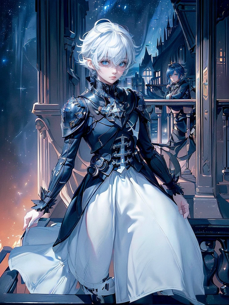 ((4K workasterpiece、(highest quality)、one beautiful girl、Because I&#39;m slender、expensive、((Black Y-shirt and white pants、Charming British knight style))、(detailed beautiful eyes)、A fantastic English black balcony、Castle inhabited by villains、Villain Knight、balcony at night、((Against the background of the starry sky))、((dark sky))、((Stylish cityscape at night))、((Standing on a stylish balcony and shooting))、midnight、((Face similar to Carly Rae Jepsen))、((short white hair))、((face becomes smaller))、((neutral face))、((bright blue eyes))、((American adult women))、((Adult female 26 years old))、((cool woman))、((like a celebrity))、((angry look))、((korean makeup))、((long and sharp eyes))、((Happy Date))、((boyish))、professional photos、(((shot alone)))、((Photographed from diagonally in front))、((Focus Zoom In))、((He is looking at the starry sky))、((He is standing on the balcony))、horror、((Beautiful and cool photos))、cool pose