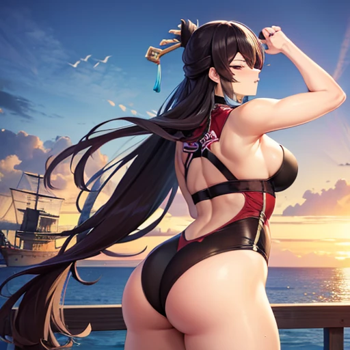 Anime, Beidou, Genshin impact, ship, buxom, curvy figure, fit, athletic, sexy, full body view, eye patch, arched back, ass view