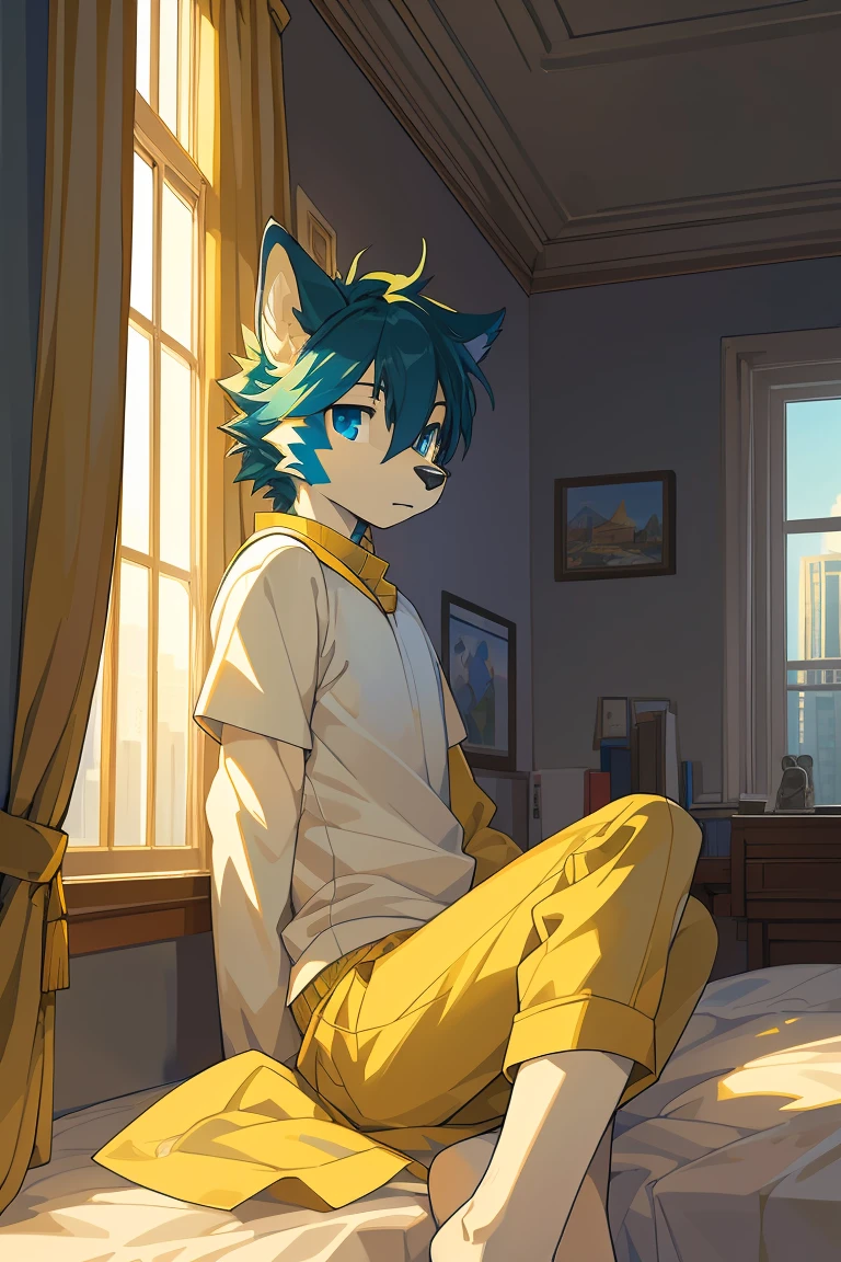 cover, high resolution, top quality, best quality, Unparalleled masterpiece, perfect work of art, Ridiculous, High quality illustrations, 超high resolution, Detailed background, perfect ???????(1 boy, alone, Kanno,yellow-blue eyes, furry human, student,sitting on bed )In a room with many windows, movie lighting