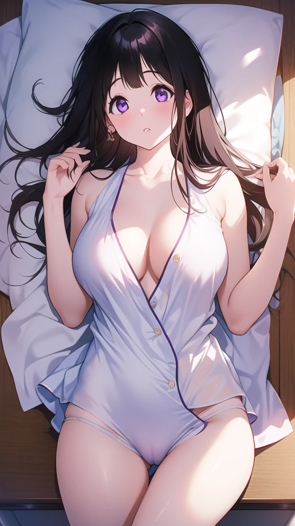 Stunning Chitanda, There is only one beautiful girl,purple eyes, black hair, Naturally straight hair, straight bangs,extremely refined,lips open,flowing long hair,Peerless beautiful girl, dreamlike,Slim,soft, (Sensual), (kawaii), Dream quality,White loose pajamas,no underwear,Lying on the desk in the classroom with a red face,close eyes,Head up,Water pipe between legs,big breasts,bare shoulders,Clavicle exposed,bare neck,Bare thighs,Exposing the groin,camel toe,bare legs,barefoot,extremely shy,ultra high resolution, (masterpiece:1.2, best quality), (Exquisite and beautiful eyes: 1.2), (Beautiful and delicate face)