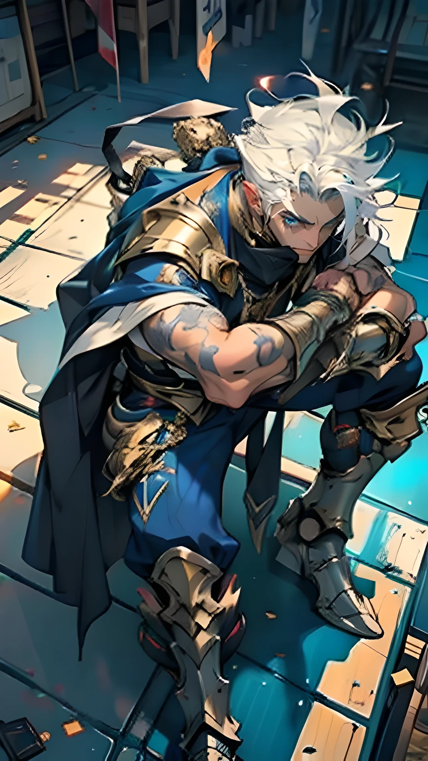 A man with short golden hair slicked back, his face entirely obscured by a Dynastinae concept mask, full mask, cold gaze, clad in an indigo blue fantasy-style Dynastinae concept chest plate, his arms and legs are clad in matching armor, he wears a white undershirt and trousers with golden stripes, standing within a magnificent fantasy-style palace, this character embodies a finely crafted fantasy-style masked light armor warrior in anime style, exquisite and mature manga art style, high definition, best quality, highres, ultra-detailed, ultra-fine painting, extremely delicate, professional, perfect body proportions, golden ratio, anatomically correct, symmetrical face, extremely detailed eyes and face, high quality eyes, creativity, RAW photo, UHD, 32k, Natural light, cinematic lighting, masterpiece-anatomy-perfect, masterpiece:1.5,sexy male underwear,strong legs,spread your legs,Show your armpits,Lie down,underwear,Bend your chest..,wet body,on the table,Show off your arm muscles.,top view,relax with cats,cat walking aroud