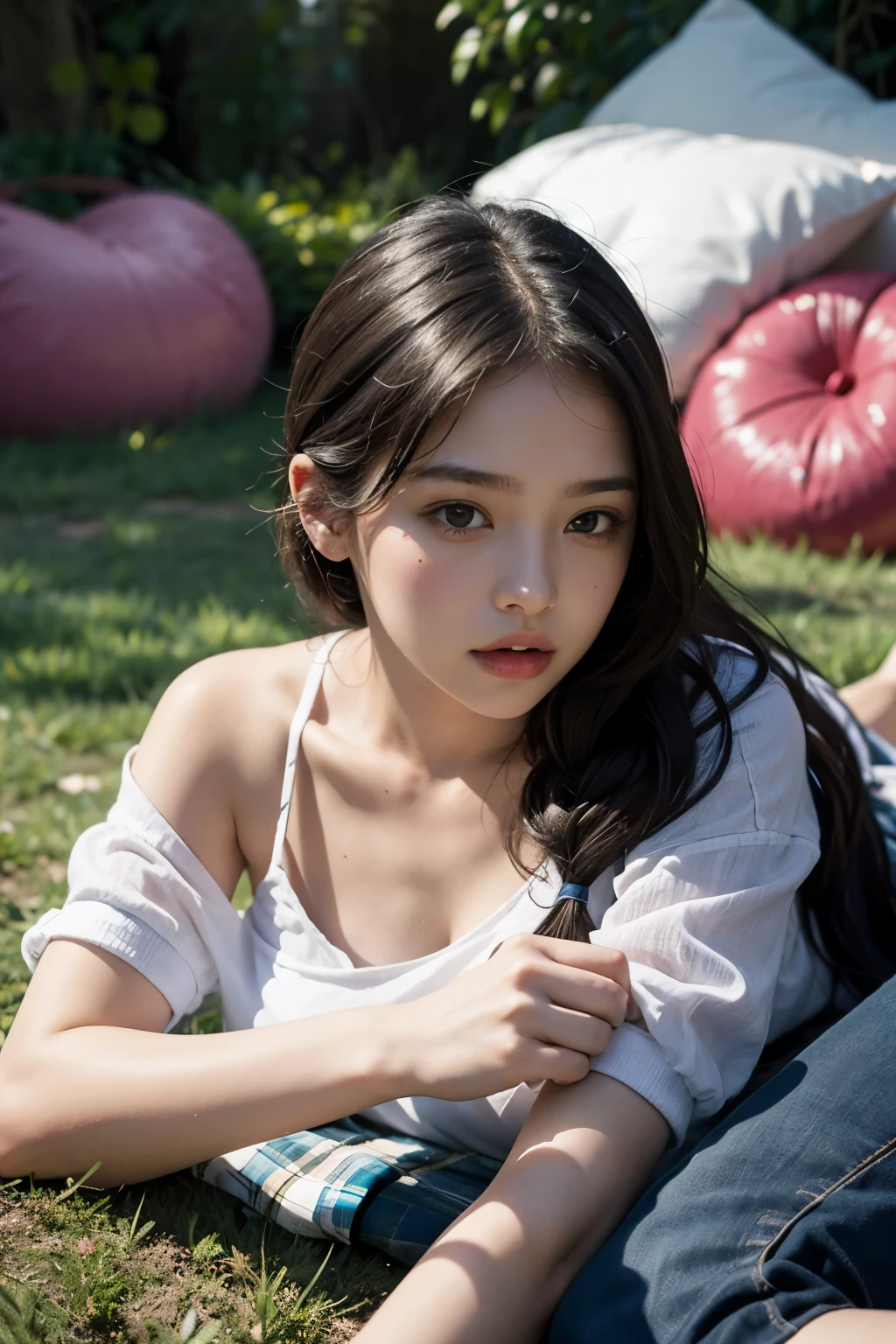A girl is lying on the lawn. random pose, random clothes, random hairstyle,