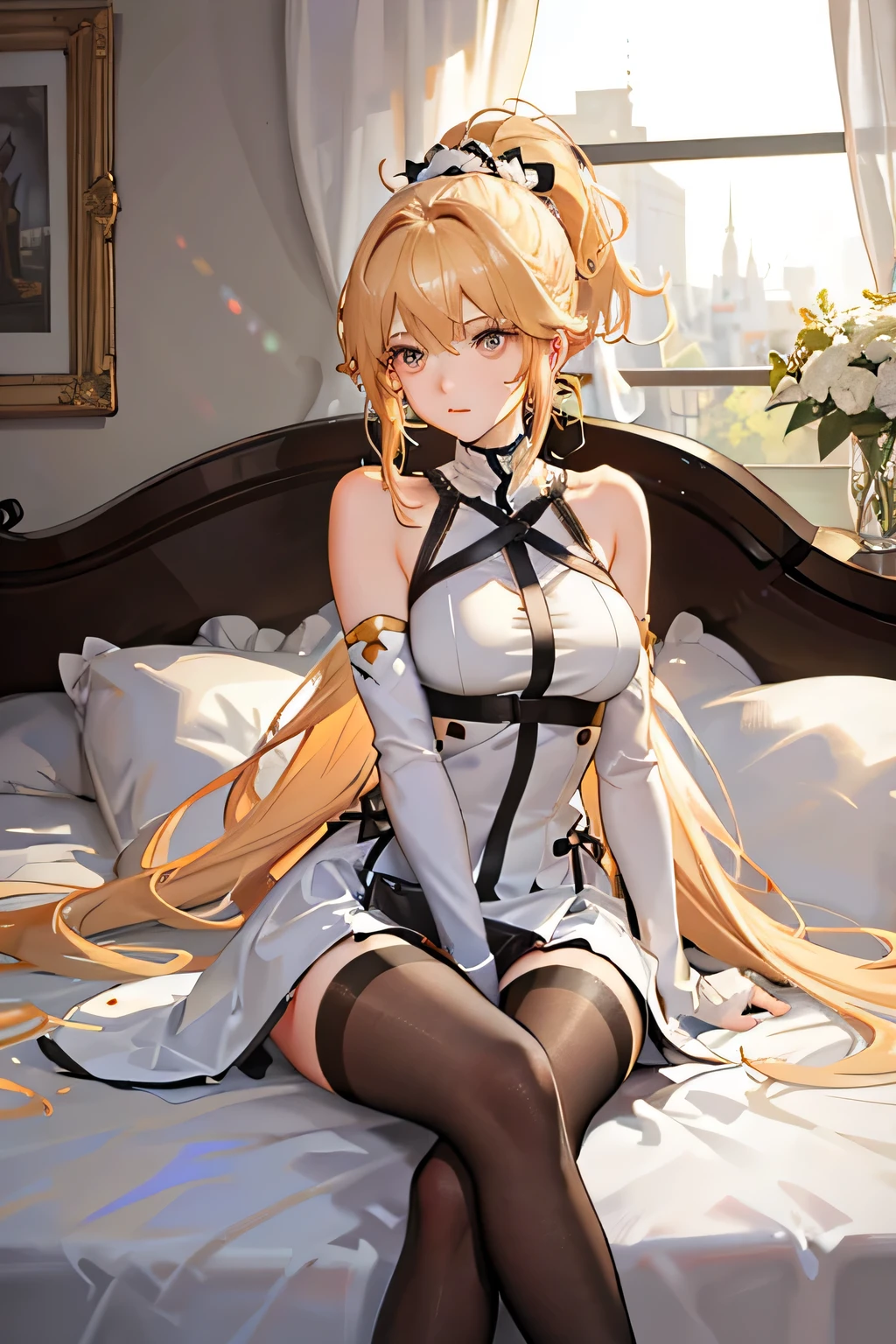 1个Giant Breast Girl, Ray traching, Bedrooms, Fluffy blonde hair, Busty and slender princess, Wears a high ponytail, in a  bedroom, Gold eyes, It shows a delicate and slender figure and beautiful curves, Correct limbs, Sit cross-legged on the bed，Wearing white stockings, action（Sit cross-legged on the bed）, Looking out the window, There is nowhere to put your hands, Masterpiece, ccurate, Super detail, High details, hyper HD