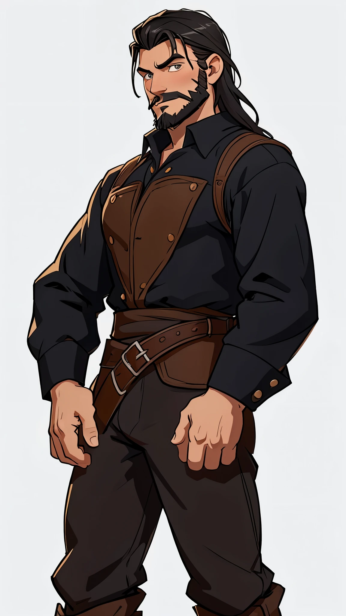 1 caucasian Man solo, solo. he has a short black beard and he has black flowing hair. Cowboy. Dark Western outfit. White background