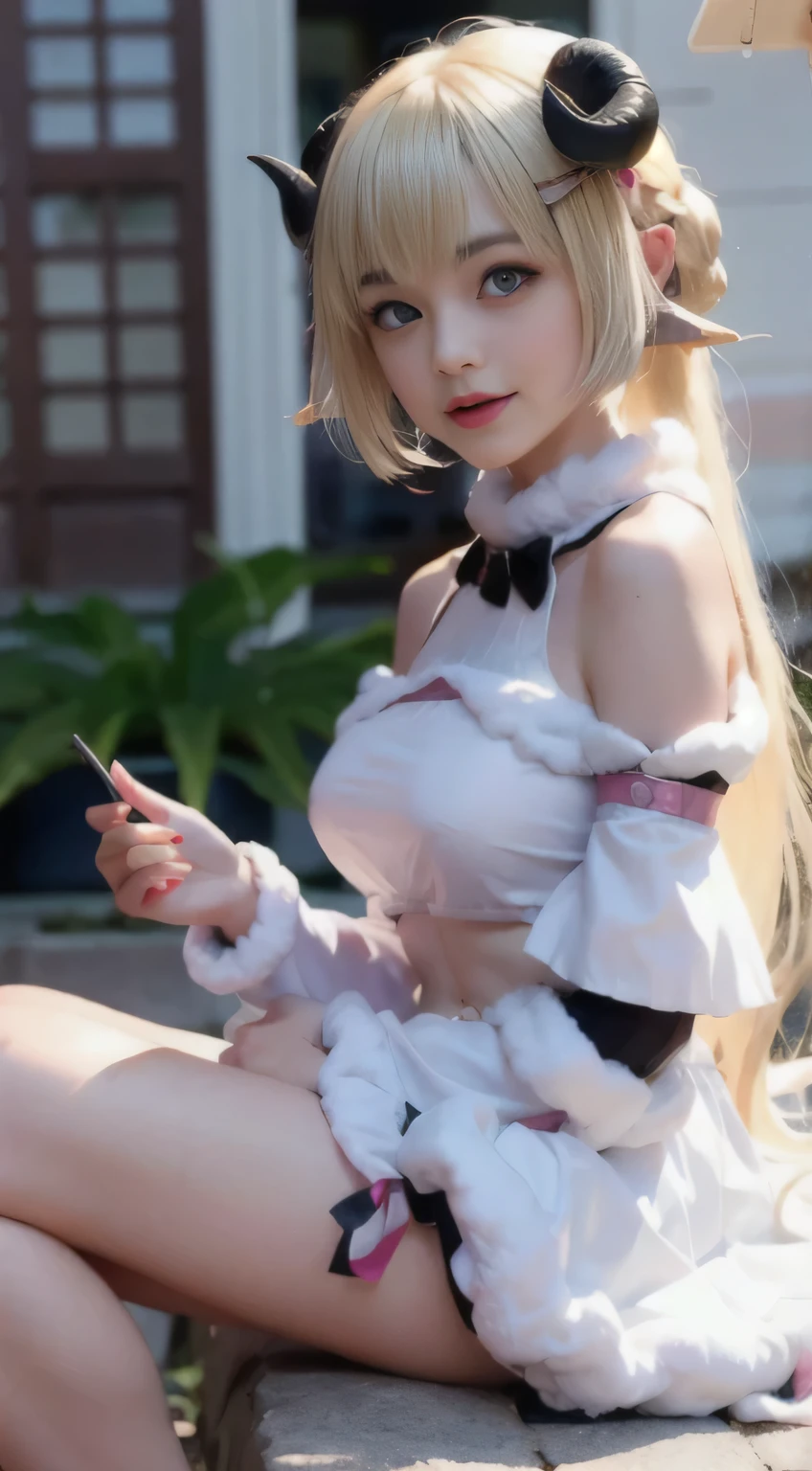 2d, masterpiece, best quality, anime, highly detailed eyes, highly detailed face, (cowboy shot), 1 girl, solo, studio background, black background, light blush, smile, watame, tsunomaki watame, hololive, virtual youtuber, blonde hair, purple eyes, horns, ram horns, long hair, mature, wide hips, medium breasts, white dress, fur-trimmed dress, detached sleeves, white sleeves, pink accents, cape, smile, look at viewers, street, sitting