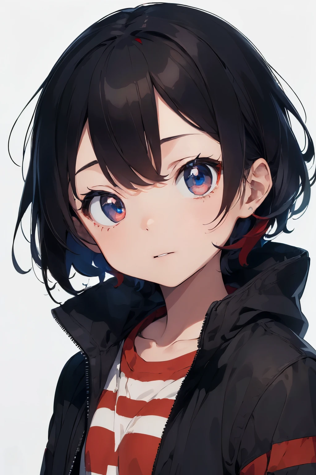 [(white background:1.5),::5], ((((masterpiece)))), high quality, ultra high resolution, full color, (((alone))), ((little boy)), black hair, ((red striped hair)), blue eyes, japanese cartoon movies, upper body, neon lights, black parka, upper body, 