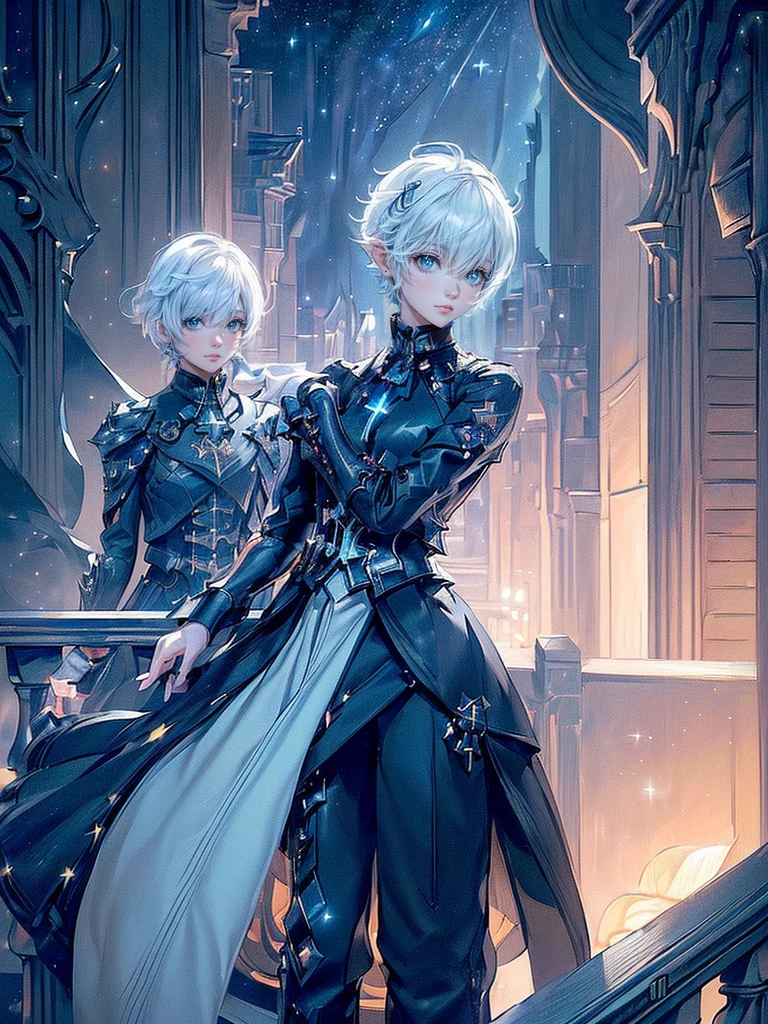 ((4K workasterpiece、(highest quality)、one beautiful girl、Because I'm slender、expensive、((Black Y-shirt and white pants、Charming British knight style))、(detailed beautiful eyes)、A fantastic English black balcony、Castle inhabited by villains、Villain Knight、balcony at night、((Against the background of the starry sky))、((dark sky))、((Stylish cityscape at night))、((Standing on a stylish balcony and shooting))、midnight、((Face similar to Carly Rae Jepsen))、((short white hair))、((face becomes smaller))、((neutral face))、((bright blue eyes))、((American adult women))、((Adult female 26 years old))、((cool woman))、((like a celebrity))、((angry look))、((korean makeup))、((long and sharp eyes))、((Happy Date))、((boyish))、professional photos、(((shot alone)))、((Photographed from diagonally in front))、((Focus Zoom In))、((He is looking at the starry sky))、((He is standing on the balcony))、horror、((Beautiful and cool photos))、cool pose