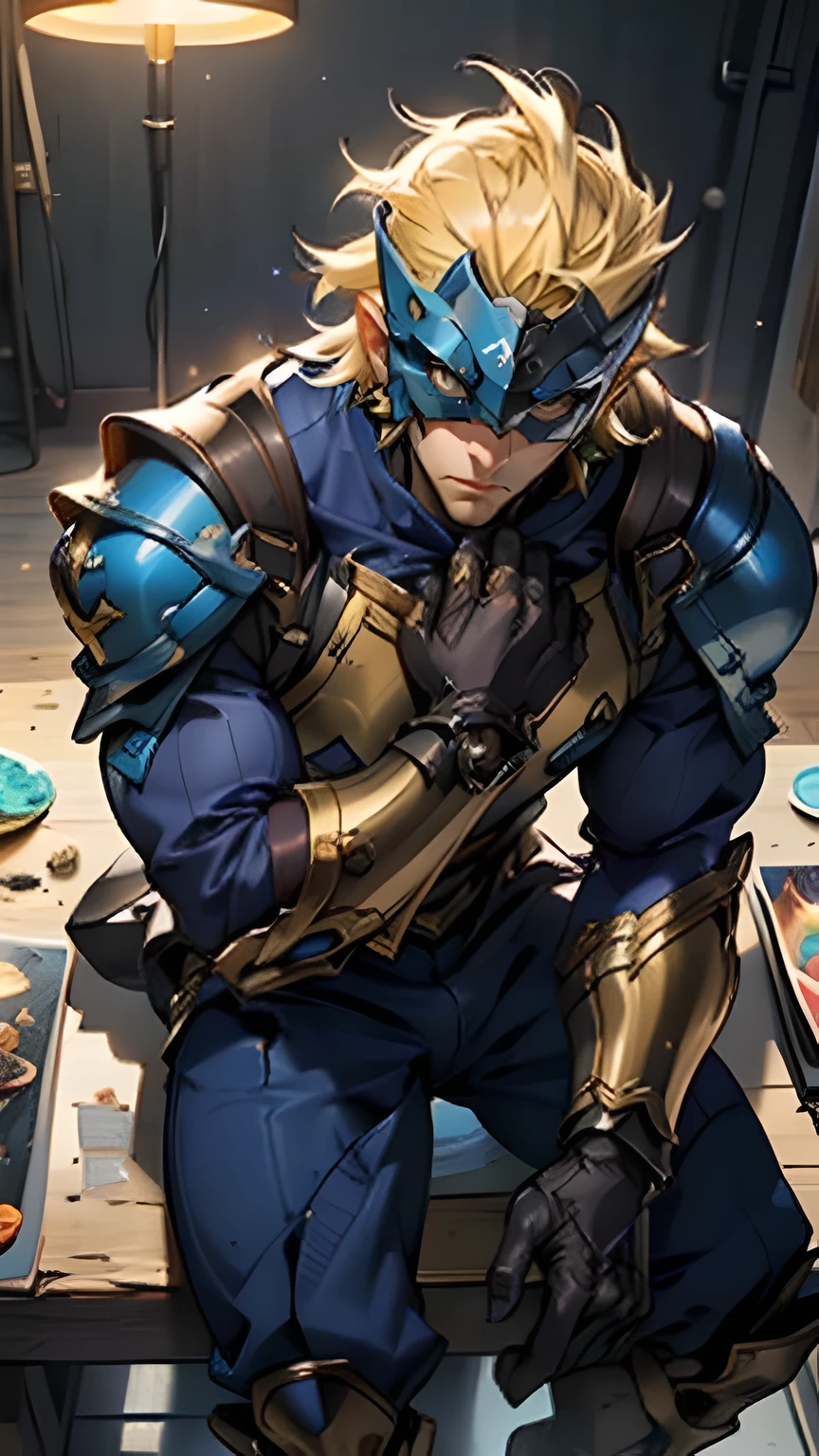 A man with short golden hair slicked back, his face entirely obscured by a Dynastinae concept mask, full mask, cold gaze, clad in an indigo blue fantasy-style Dynastinae concept chest plate, his arms and legs are clad in matching armor, he wears a white undershirt and trousers with golden stripes, standing within a magnificent fantasy-style palace, this character embodies a finely crafted fantasy-style masked light armor warrior in anime style, exquisite and mature manga art style, high definition, best quality, highres, ultra-detailed, ultra-fine painting, extremely delicate, professional, perfect body proportions, golden ratio, anatomically correct, symmetrical face, extremely detailed eyes and face, high quality eyes, creativity, RAW photo, UHD, 32k, Natural light, cinematic lighting, masterpiece-anatomy-perfect, masterpiece:1.5,sexy male ,strong legs,spread your legs,Show your armpits,Lie down,underwear,Bend your chest..,wet body,on the table,Show off your arm muscles.,top view,relax with cats,cat walking aroud