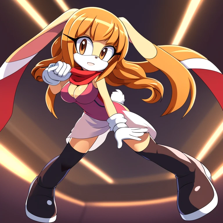 Female, Mobian, Rabbit, Cream the Rabbit, sonic the hedgehog \(series\), rabbit girl, ((solo)), ((1girl)), ((hairstyles, long wavy hair with curtain side bangs)), brown eyes, (eyes open), serious, young adult, average sized , hair on top of shoulders, long peach hair color that’s is wavy, wearing a blue anime styled scarf, wearing a red one piece, knee length tights, black boots, white gloves, (((2D Anime Style))), many poses in a fighting pose