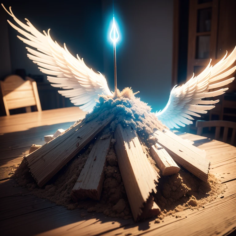 Pile of dust on a wooden table with the faint glowing aura of angel wings floating above it.