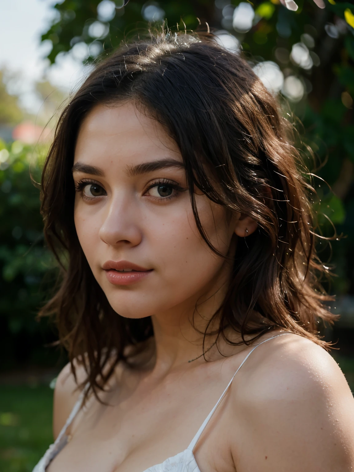 (best quality, 4k, highres, masterpiece:1.2), ultra-detailed, realistic:1.37, vivid colors, professional, HDR, fine portrait, studio lighting, attractive high-quality art, physically-based rendering, sharp focus, bokeh, Uma linda jovem de 16 anos, morena com a pele escura, cabelos longos, vestindo um vestido azul, detailed facial features, expressive eyes, beautiful detailed lips, natural pose, graceful, serene, scenic background, soft lighting, subtle shadows, artistic ambiance, vibrant atmosphere.