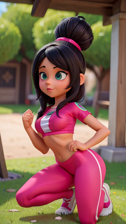 Melhor qualidade, Full of details, An image of vanellope von schweetz with a sexy and athletic body squatting in tight clothes showing her small breasts and camel toes, you can completely see vanellope von schweetz in a hot position
