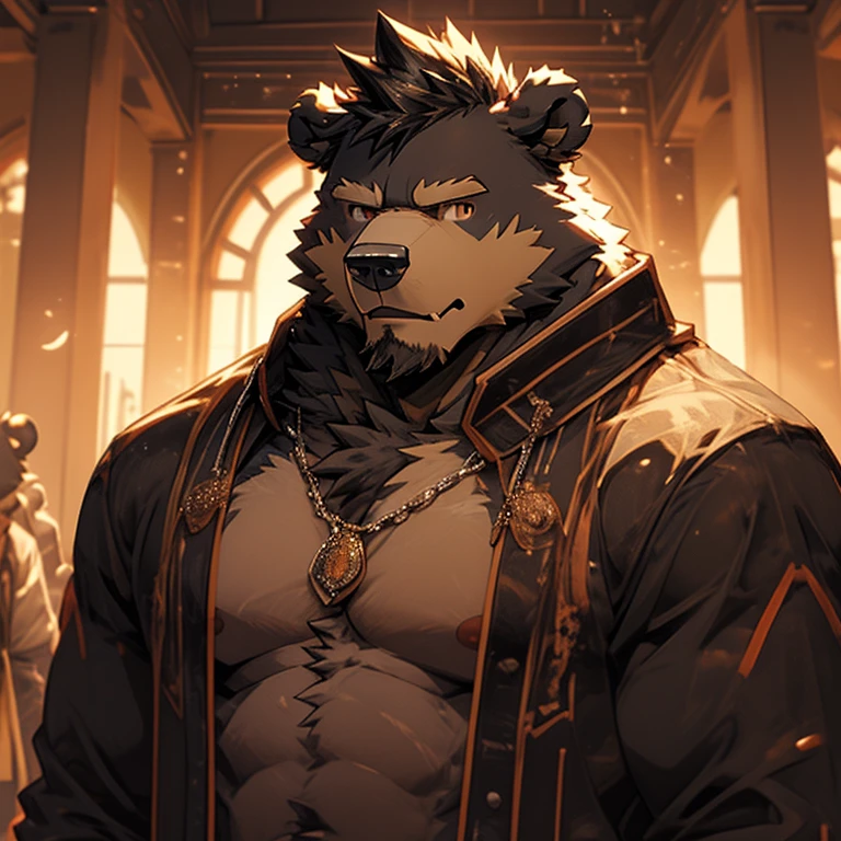 beautiful fursona bear portrait, anthropomorphic furry bear, anthropomorphic bear, fursona in fancy clothes, official character art, furry character portrait, anthropomorphic bear portrait, mohawk haircut, black color hair,