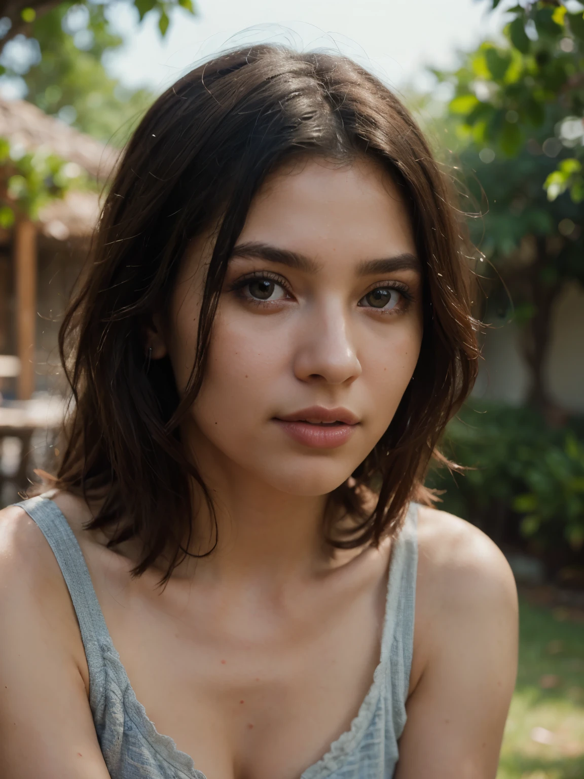(best quality, 4k, highres, masterpiece:1.2), ultra-detailed, realistic:1.37, vivid colors, professional, HDR, fine portrait, studio lighting, attractive high-quality art, physically-based rendering, sharp focus, bokeh, Uma linda jovem de , morena com a pele escura, cabelos longos, vestindo um vestido azul, detailed facial features, expressive eyes, beautiful detailed lips, natural pose, graceful, serene, scenic background, soft lighting, subtle shadows, artistic ambiance, vibrant atmosphere.