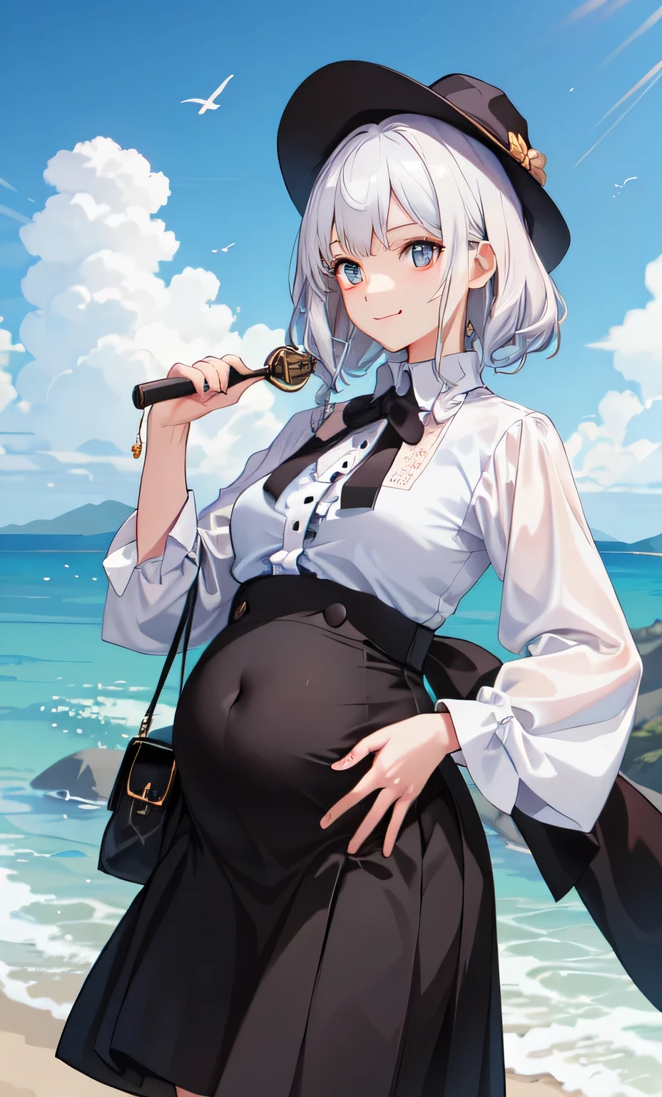 1girl in、A smile、The shirt、Blouse、skirt by the、(small tits)Chilarism、movement、Hats、cloakagic wands、Sorcerer、white hair、pregnant