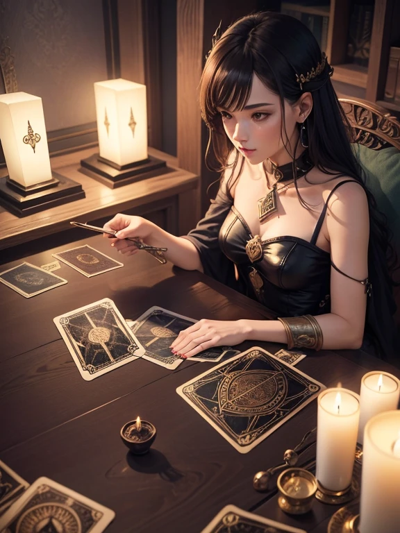 (masterpiece), (Highest quality), (High resolution), Big breasts,,(Perfect hands, Perfect Anatomy),One girl,Half-closed eyes,One Woman Slim,8k,Detailed,非常にDetailed,Mysterious fortune teller uses cardboard to tell tarot cards, Surrounded by flickering candles and mystical symbols, There&#39;s a black cat on my shoulder, A peek into the future with a mischievous smile.、
