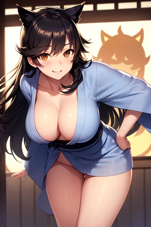 perfect face, atago, black hair, long hair, brown eyes, animal ears, light background, facing forward, cowboy shot, lust smile, in the center, giant breasts, ((bending over)), hands on hips, ((white yukata)), cameltoe