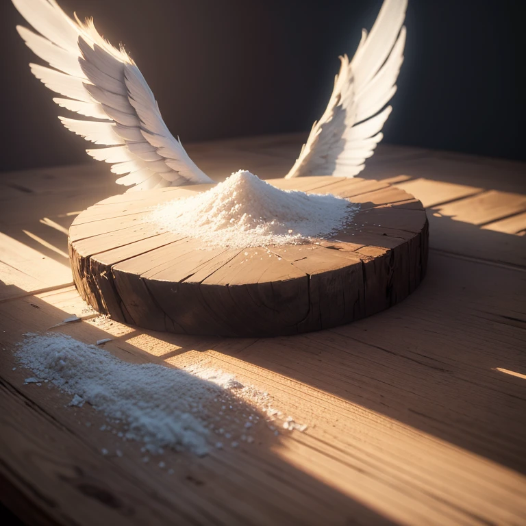 Pile of dust on a wooden table with the faint glowing aura of angel wings floating above it.