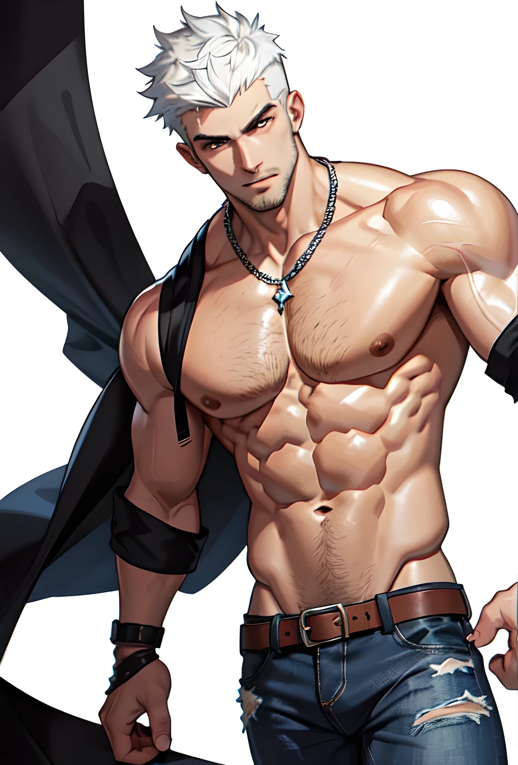 full-length, 1college boy, shirtless, wearing ripped jeans pants, looking at the camera, anime style,perfect body,male body,strong muscles,Abdomen muscles are wavy..,abdomenfull, with crew cut haircut, holding a heart-shaped crystal, highly detailed, 2d illustration, done in photoshop, vibrant colors, composite lighting, nice and perfect face, stubble, handsome, (white background:1.5), (blank background:1.5), masculine shapes, manly, dynamic pose, dynamic angle, sharp and crisp image
