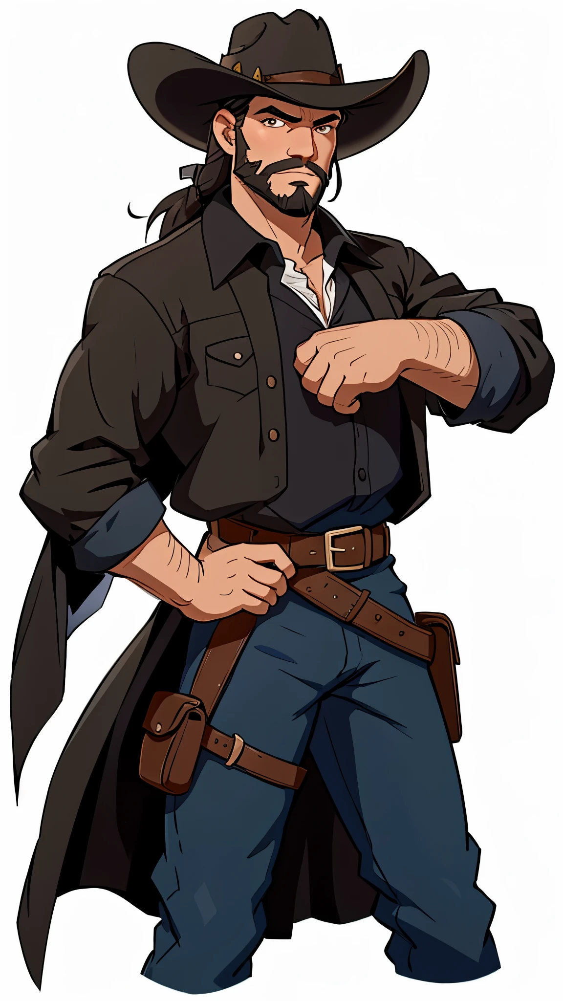 1 caucasian Man solo, solo. he has a short black beard and he has black flowing hair. Cowboy. Dark Western outfit. White background