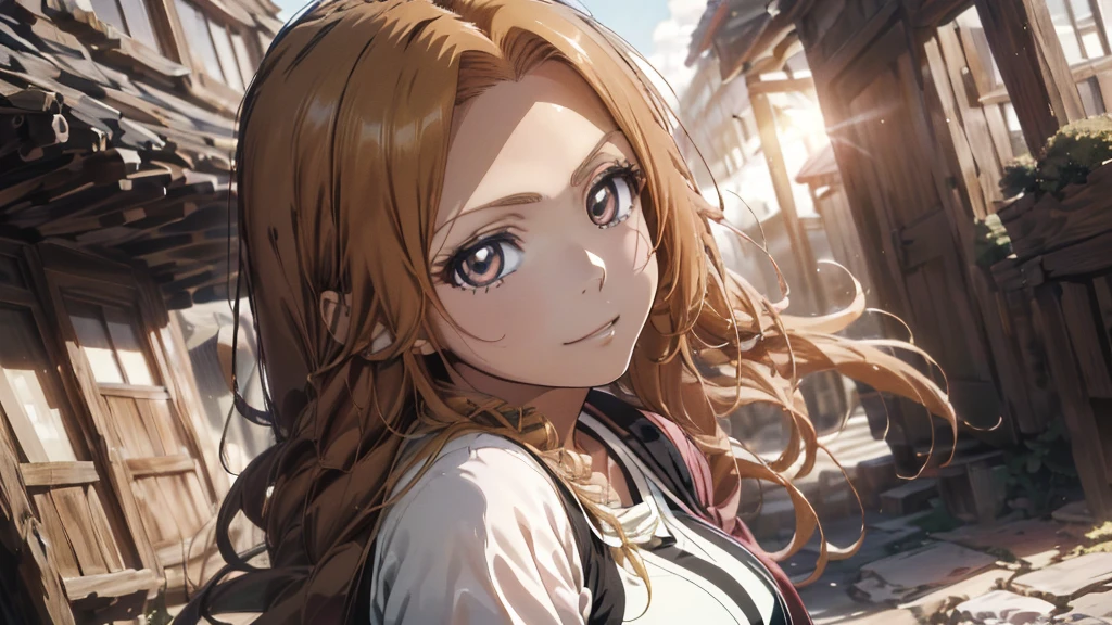 (Obra maestra en el mundo de Anime Bleach, Orihime included, Ultra detallado, Mejor calidad, Best description:
An intricately crafted masterpiece from the realm of Anime Bleach features Orihime, a cherub-cheeked girl with a rosy-hued head of hair. She is depicted wearing a black jumper, adding an air of sophistication to her appearance. The image is rendered in 8K resolution, highlighting every intricate fiber of her clothing and every strand of her hair. The sun casts a warm, golden glow over her face as she peers out at the viewer with a gentle, inviting smile