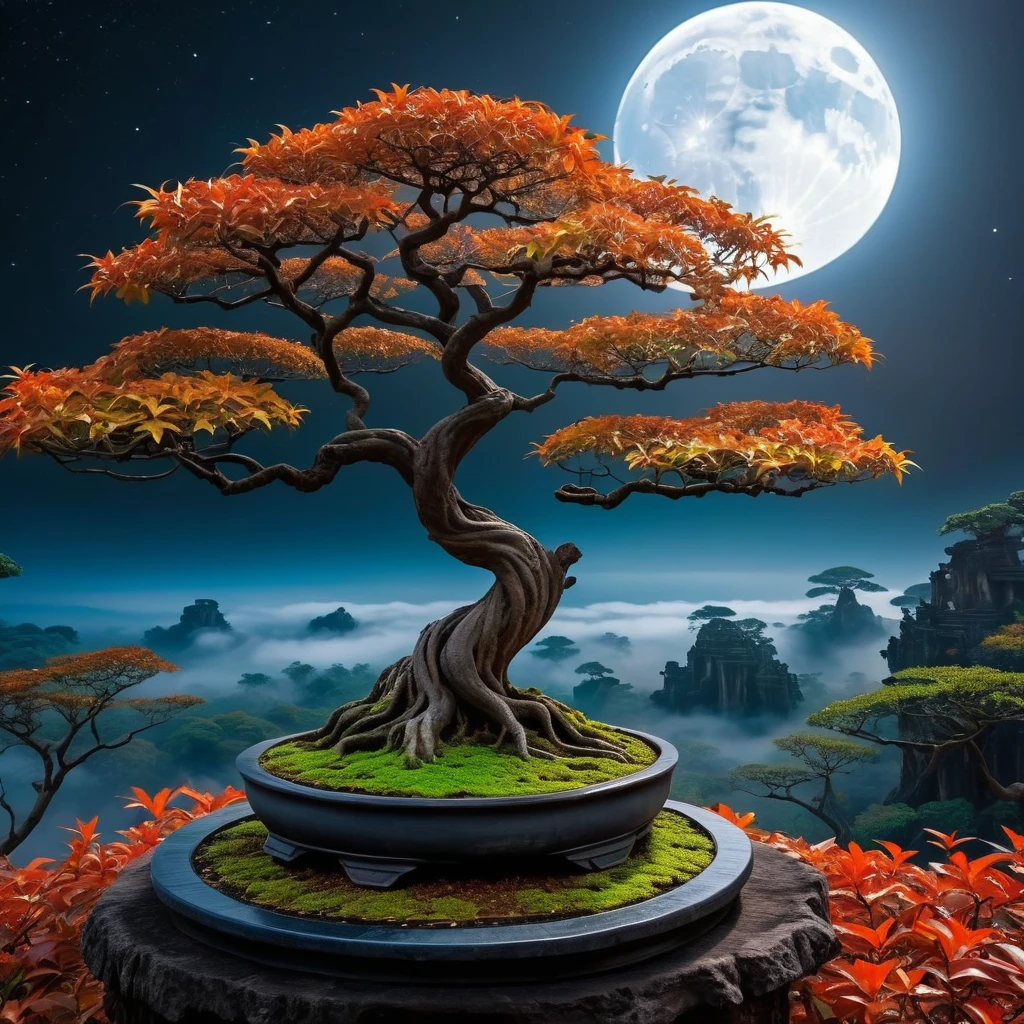 an eerie enigmatic banyan vines bonsai tree on moon in autumn, 4k uhd masterpiece
