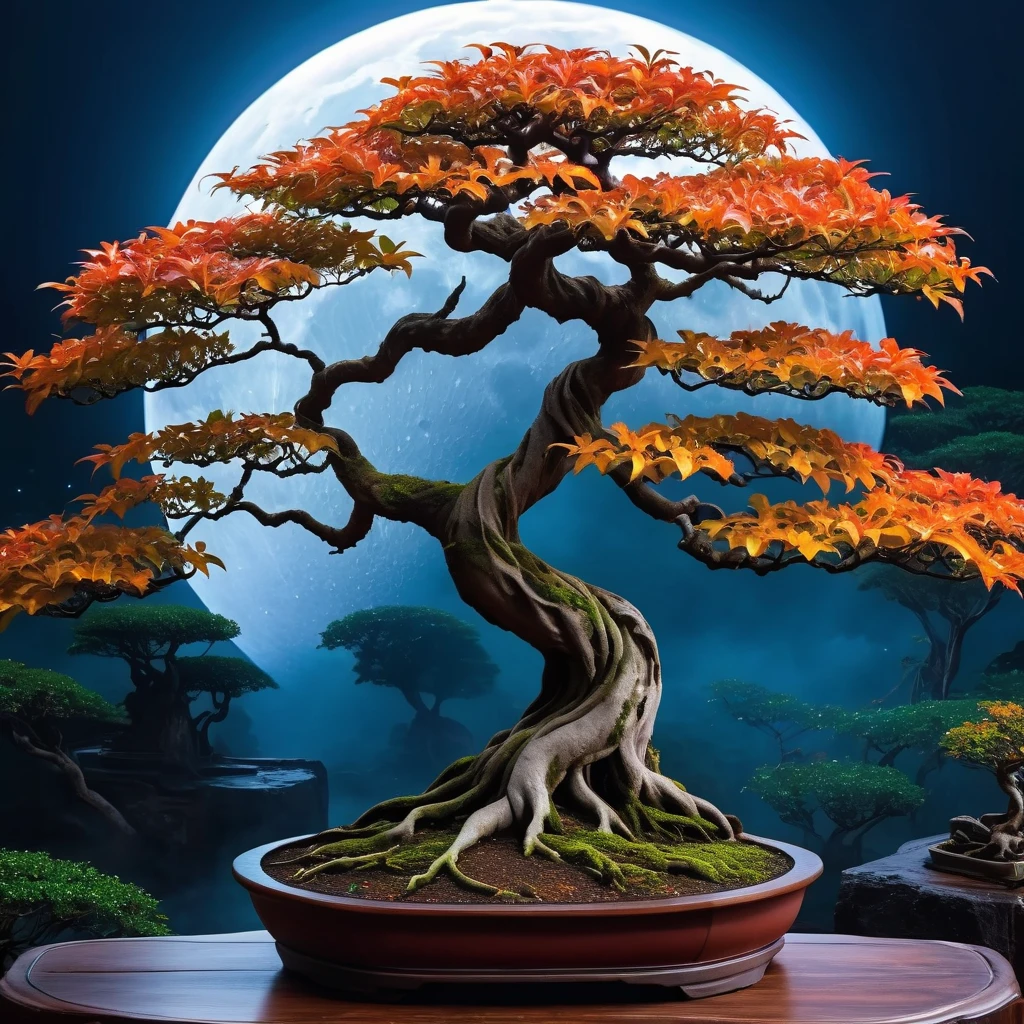 an eerie enigmatic banyan vines bonsai tree on moon in autumn, 4k uhd masterpiece