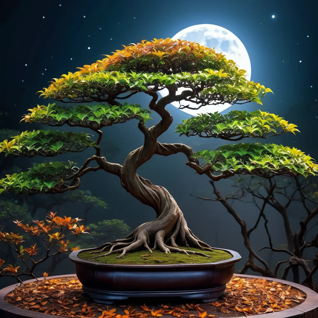 an eerie enigmatic banyan vines bonsai tree on moon in autumn, 4k uhd masterpiece