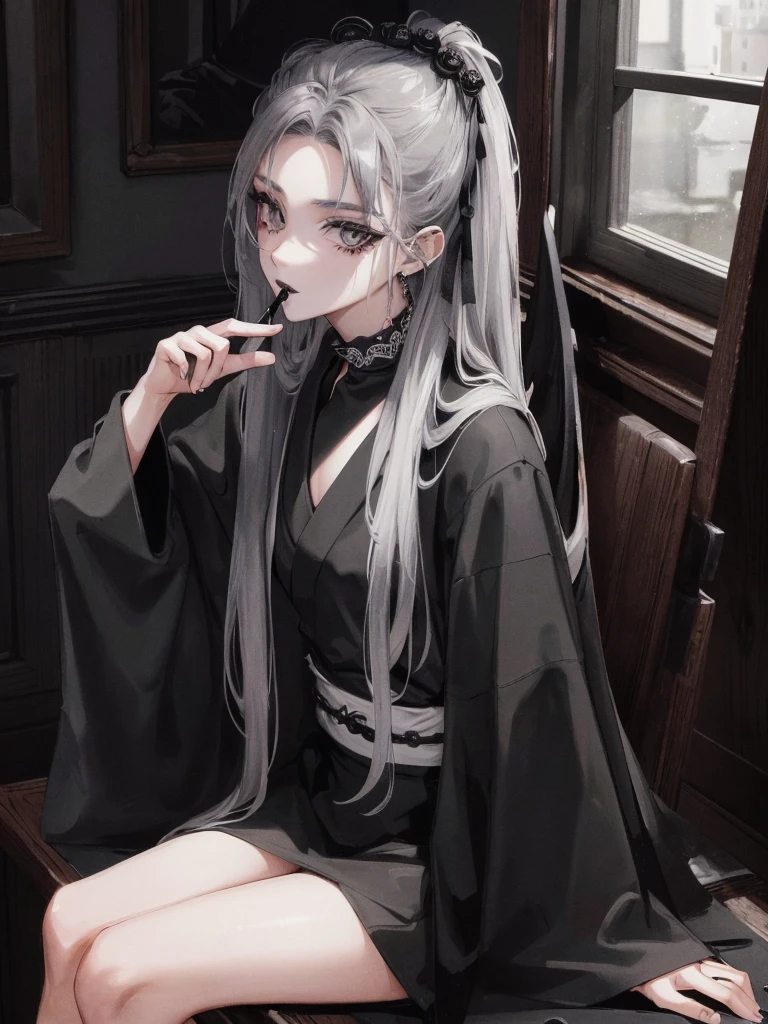masterpiece, 最high quality, high quality, super detailed, 1 girl, looking at the viewer, gray hair, gray eyes, black lipstick, black shirt, Sitting on a white floor, devil girl, Goscoax, 1 7 years old, goth girl, japanese gothic, gothic punk style, Black Metal Style, put your hand on your head