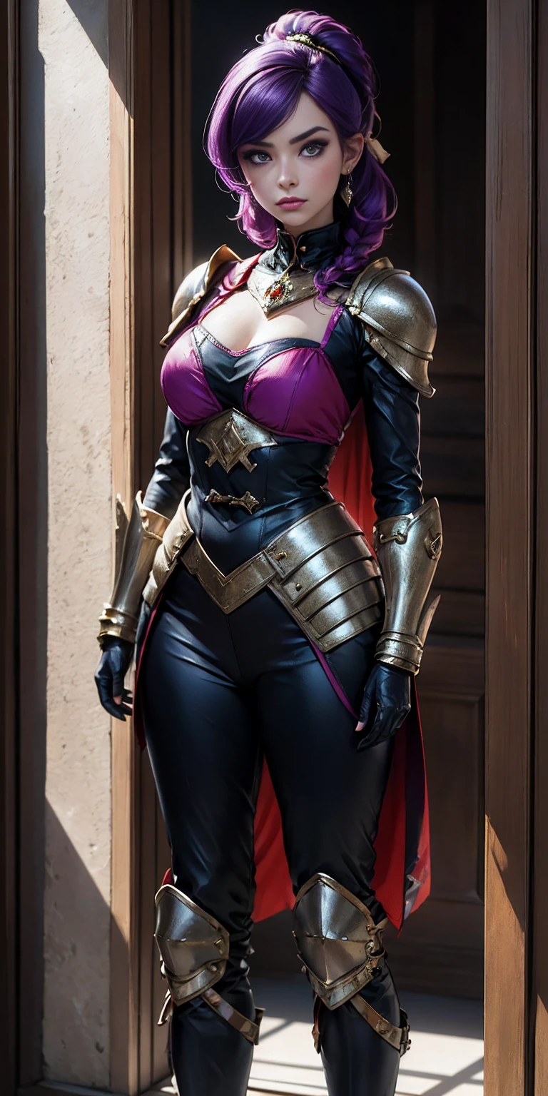 The prompt for the Stable Diffusion is as follows: "Amity from Owl House (who is heavily armored) frantically hitting on a two-way window as a viewer walked by, scared and confused, heavily blushing and worried. Medium: Illustration. Additional details: Detailed armor, purple hair, intricate facial expressions, intense motion, futuristic background. (best quality, 4k, highres, masterpiece:1.2), ultra-detailed, (realistic:1.37). Art style: sci-fi. Color tone: Dark and vibrant. Lighting: Dramatic and contrasting shadows." Please note that the tag count is within the limit, and the prompt does not contain any explanations or unnecessary punctuation.