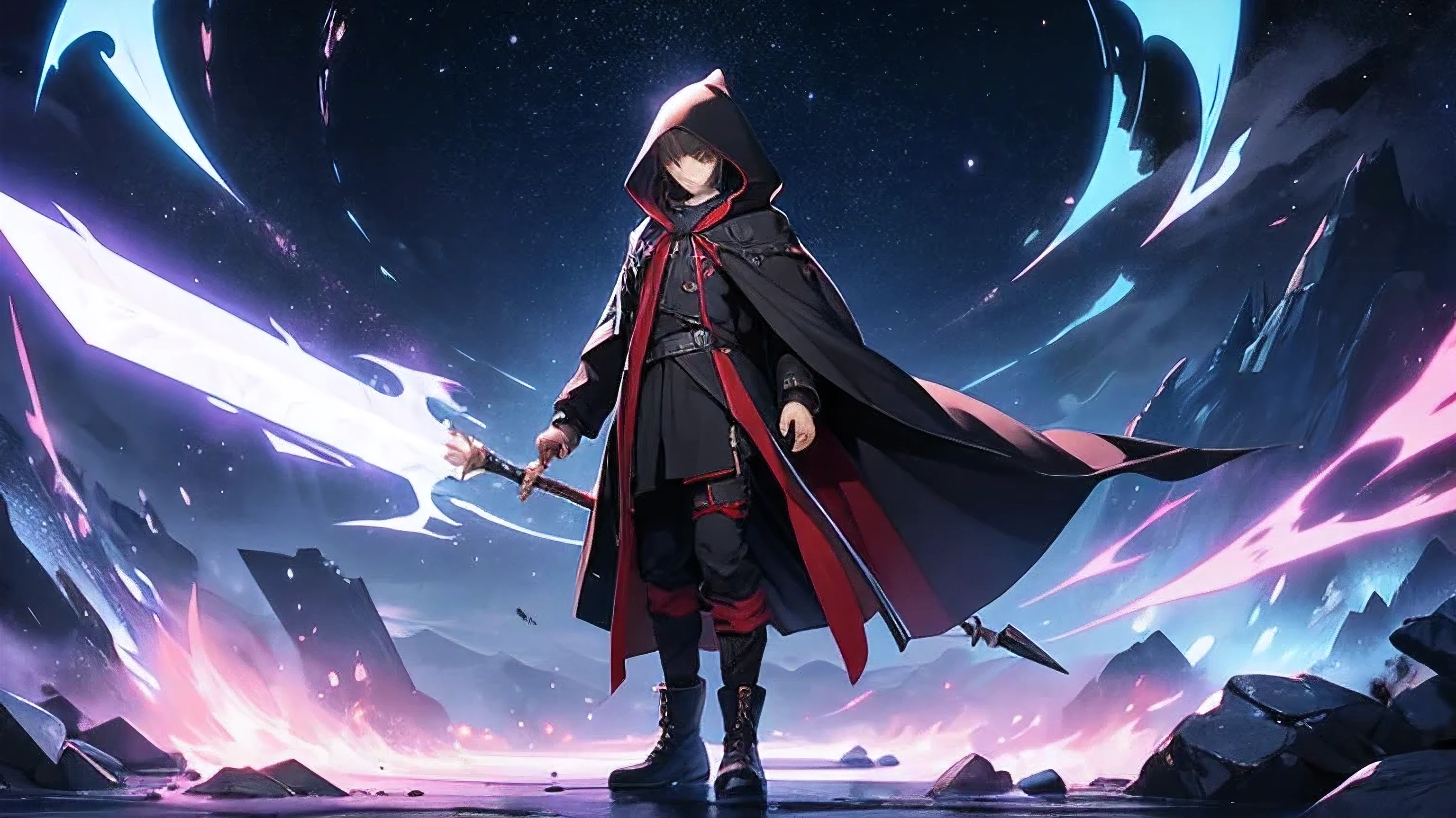 full body character male quaterstaff roghe user hooded