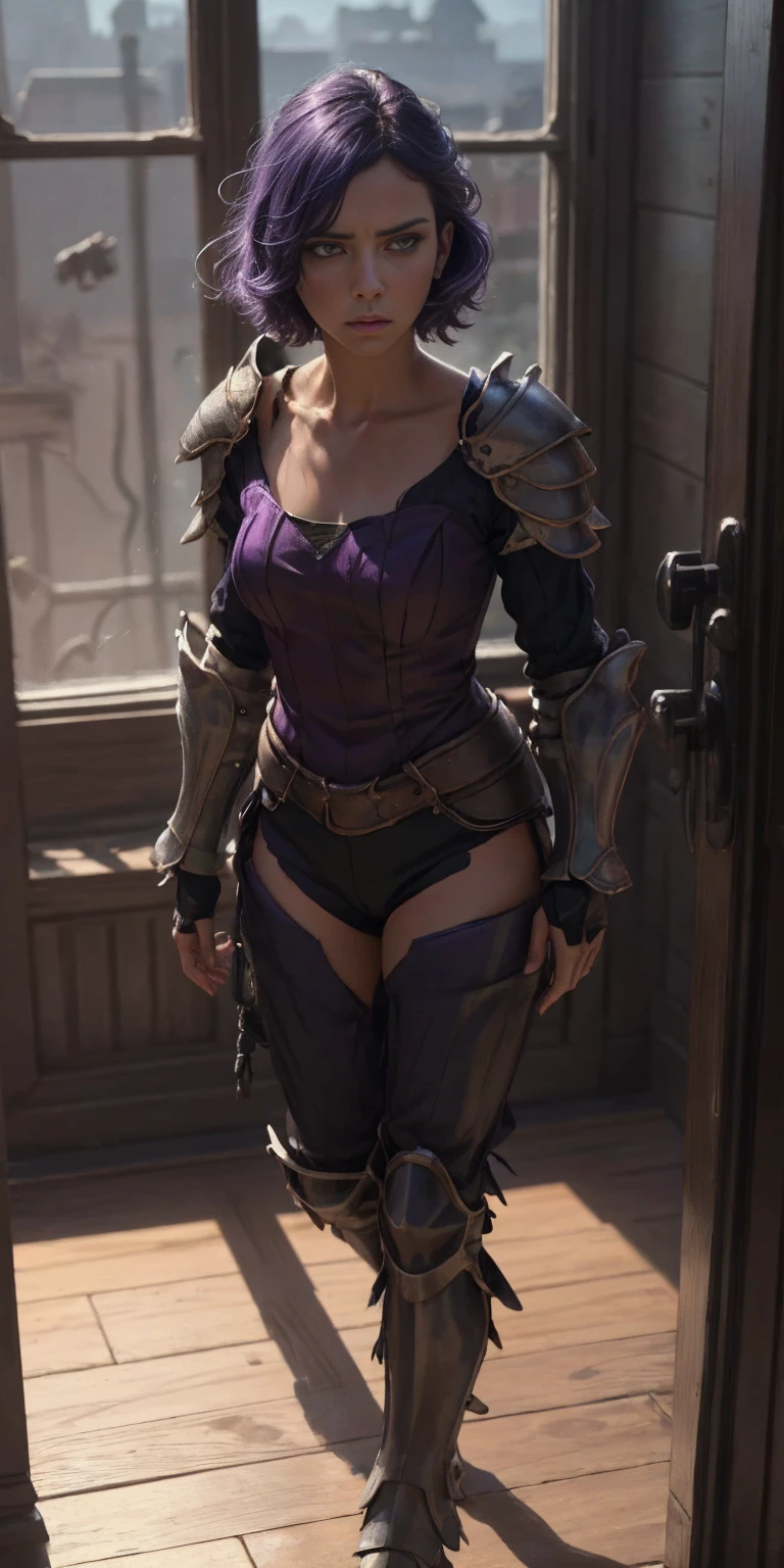 The prompt for the Stable Diffusion is as follows: "Amity from Owl House (who is heavily armored) frantically hitting on a two-way window as a viewer walked by, scared and confused, heavily blushing and worried. Medium: Illustration. Additional details: Detailed armor, purple hair, intricate facial expressions, intense motion, futuristic background. (best quality, 4k, highres, masterpiece:1.2), ultra-detailed, (realistic:1.37). Art style: sci-fi. Color tone: Dark and vibrant. Lighting: Dramatic and contrasting shadows." Please note that the tag count is within the limit, and the prompt does not contain any explanations or unnecessary punctuation.