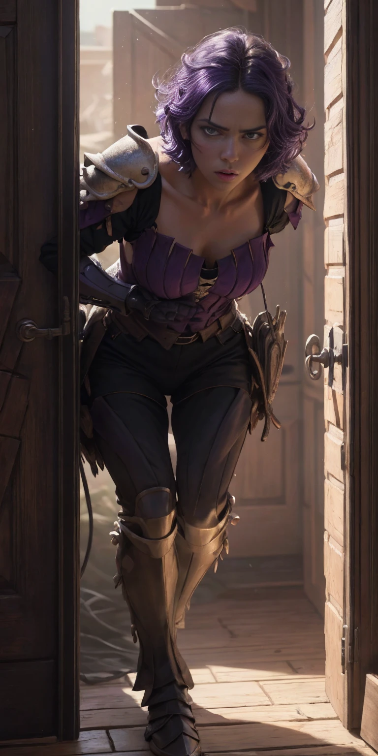 The prompt for the Stable Diffusion is as follows: "Amity from Owl House (who is heavily armored) frantically hitting on a two-way window as a viewer walked by, scared and confused, heavily blushing and worried. Medium: Illustration. Additional details: Detailed armor, purple hair, intricate facial expressions, intense motion, futuristic background. (best quality, 4k, highres, masterpiece:1.2), ultra-detailed, (realistic:1.37). Art style: sci-fi. Color tone: Dark and vibrant. Lighting: Dramatic and contrasting shadows." Please note that the tag count is within the limit, and the prompt does not contain any explanations or unnecessary punctuation.