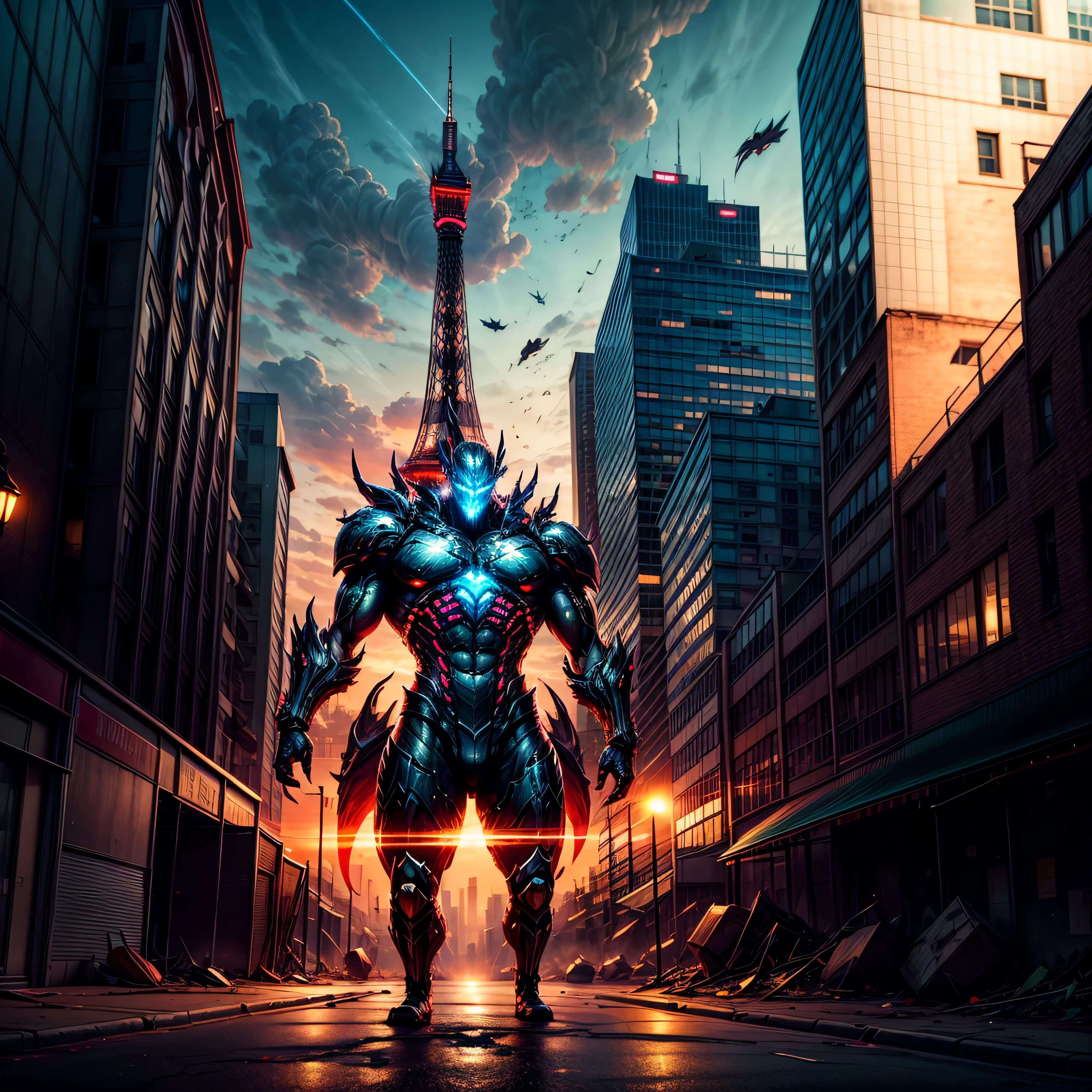 sunset, Scene Hero type depiction of adventurers fighting a dragon, action pose, Giant Dragon climbing Eiffel, Huge Dragon on a large scales, Majestic Titanium Dragon, Huge Giant Monarch, Detailed background, Dystopian cityscape, Apocalyptic city skyline, The ruins of the wrecked city, The demolished urban environment, Climbing Eiffel Crumbling streets, Desolate city center, Scattered skyscrapers, Climbing buildings, Infrastructure damage, Roads and bridges were damaged, Crashed vehicle,Falling debris, Burning wreckage, Smoggy air, deserted city, Glowing eyes, sparkle eyes, Fierce eyes, menacing eyes, glowing light eyes, piercing eyes, Powerful eyes, Ominous eyes, Illuminate your eyes, Sharp teeth, Sharp fangs, Fierce jaws, Powerful jaws, Very wide open mouth, Long tongue, Whip the tongue, Slimy saliva,Toxic saliva, Huge feet, Huge stomping, Huge claws, Crushing force, Scaly covered skin, glistning skin, Thick armored hides, Alien textures, Iridescent surface, Bioluminescent pattern, Dark and dangerous atmosphere, Sinister and contemplative emotions, Ominous and ominous environment, Mysterious and eerie environment, Cinematic lighting, Dramatic lighting, eerie lights, Surreal lighting, Otherworldly lighting, Ominous Shadows, Descending shadows, Creeping shadows, Explosions and sabotage, Holocaust, Chaos and panic, battles, resistance, Fight hard to survive, A huge Dragon over the city, In contrast，Cities are playgrounds for creatures, An epic confrontation between monsters and humans, Dark and moody color scheme, Vibrant neon lights, Pulsating electrons. Eiffel deep path equirectangular symmetrical meticulously intricate Cinematic sunlight ultra_high-details extreme improved ultra_high-quality ultra_high-resolution ultra professional photorealistic optimal ultra_sharp-focus ultra_high-definition 32K XT3 DSLR vivid colors-coded saturate tone-mapping fleuraison monarch varies multi etc. --v6 --s1000 --c20 --q5 --chaos100