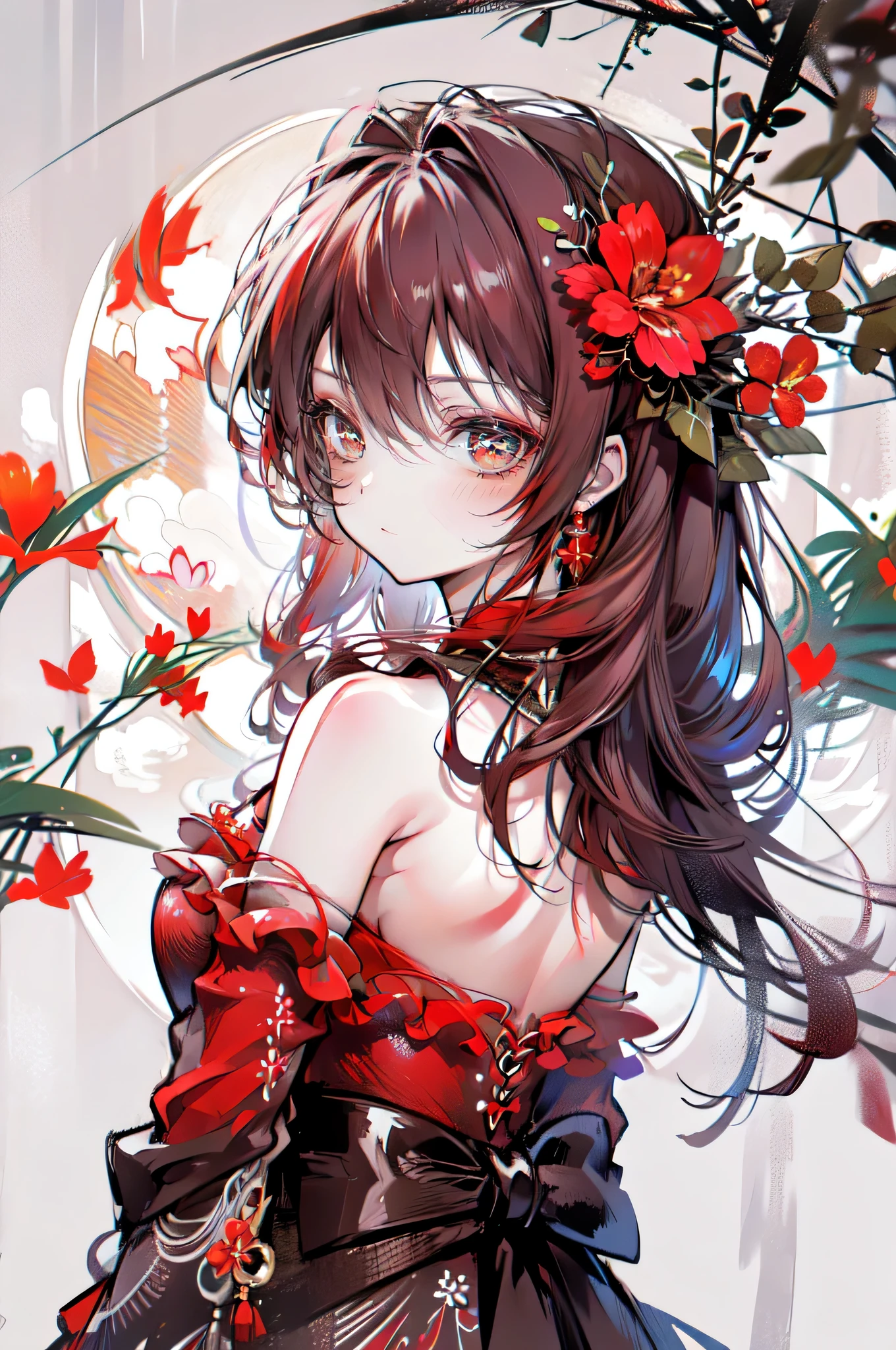 (masterpiece),(Best quality:1.0), (ultra high resolution:1.0), detailed illustration, 8 k, anime, 1 girl, beautiful anime girl, In a sari, wear pink sari, beautiful pose, Beautiful face, detailed face, beautiful eyes, dark red eyes, detailed eyes, Red lips, Red lipstick, slightly brown hair, pink flower on ear, highlighting in hair, standing, Red flowers on the back of the tree, Open sky with clouds, detailed, difficult, anime style, highly detailed