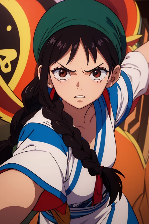 (best quality,4k,8k,highres,masterpiece:1.2),ultra-detailed,animated,girl,mature face,long black hair,brown eyes,hair in plaits,graffiti,girl,durag,cool girl,flat, fighting, angry, destroy, vivid color, smash and punch enemy, tonfa