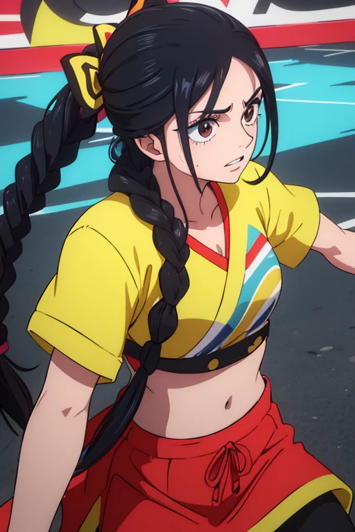 (best quality,4k,8k,highres,masterpiece:1.2),ultra-detailed,animated,girl,mature face,long black hair,brown eyes,hair in plaits,graffiti,girl,durag,cool girl,flat, fighting, angry, destroy, vivid color, smash and punch enemy, tonfa