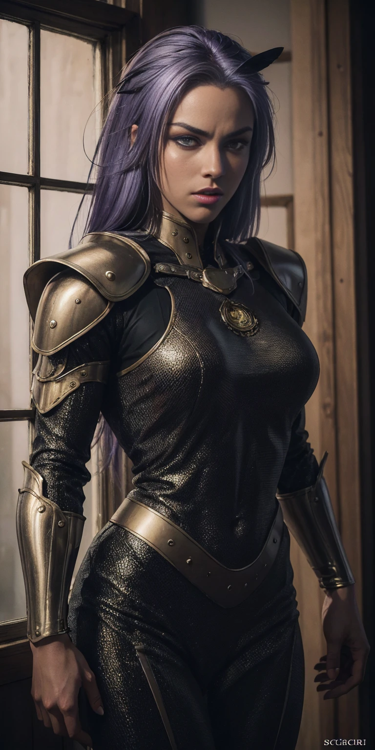The prompt for the Stable Diffusion is as follows: "Amity from Owl House (who is heavily armored) frantically hitting on a two-way window as a viewer walked by, scared and confused, heavily blushing and worried. Medium: Illustration. Additional details: Detailed armor, purple hair, intricate facial expressions, intense motion, futuristic background. (best quality, 4k, highres, masterpiece:1.2), ultra-detailed, (realistic:1.37). Art style: sci-fi. Color tone: Dark and vibrant. Lighting: Dramatic and contrasting shadows." Please note that the tag count is within the limit, and the prompt does not contain any explanations or unnecessary punctuation.