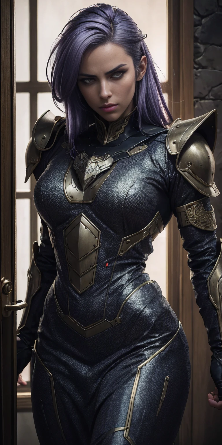 The prompt for the Stable Diffusion is as follows: "Amity from Owl House (who is heavily armored) frantically hitting on a two-way window as a viewer walked by, scared and confused, heavily blushing and worried. Medium: Illustration. Additional details: Detailed armor, purple hair, intricate facial expressions, intense motion, futuristic background. (best quality, 4k, highres, masterpiece:1.2), ultra-detailed, (realistic:1.37). Art style: sci-fi. Color tone: Dark and vibrant. Lighting: Dramatic and contrasting shadows." Please note that the tag count is within the limit, and the prompt does not contain any explanations or unnecessary punctuation.