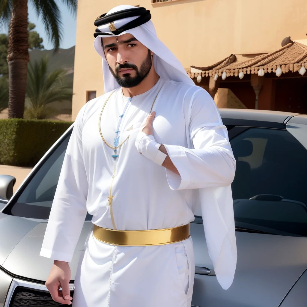 Cree visage homme arabe prince dubai, barbe. Beau homme. Sourcils masculin. Grande taille. Riche. Villa background. Voiture sport. Vêtement traditionnel Arabie-Saoudite clothes. White clothes.