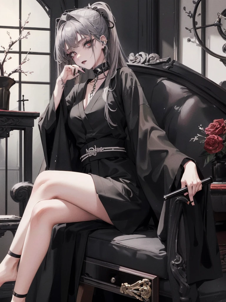 masterpiece, 最high quality, high quality, super detailed, 1 girl, looking at the viewer, gray hair, eye, black lipstick, black shirt, Sitting on a white floor, devil girl, Goscoax, 1 7 , goth girl, japanese gothic, gothic punk style, Black Metal Style, put your hand on your head