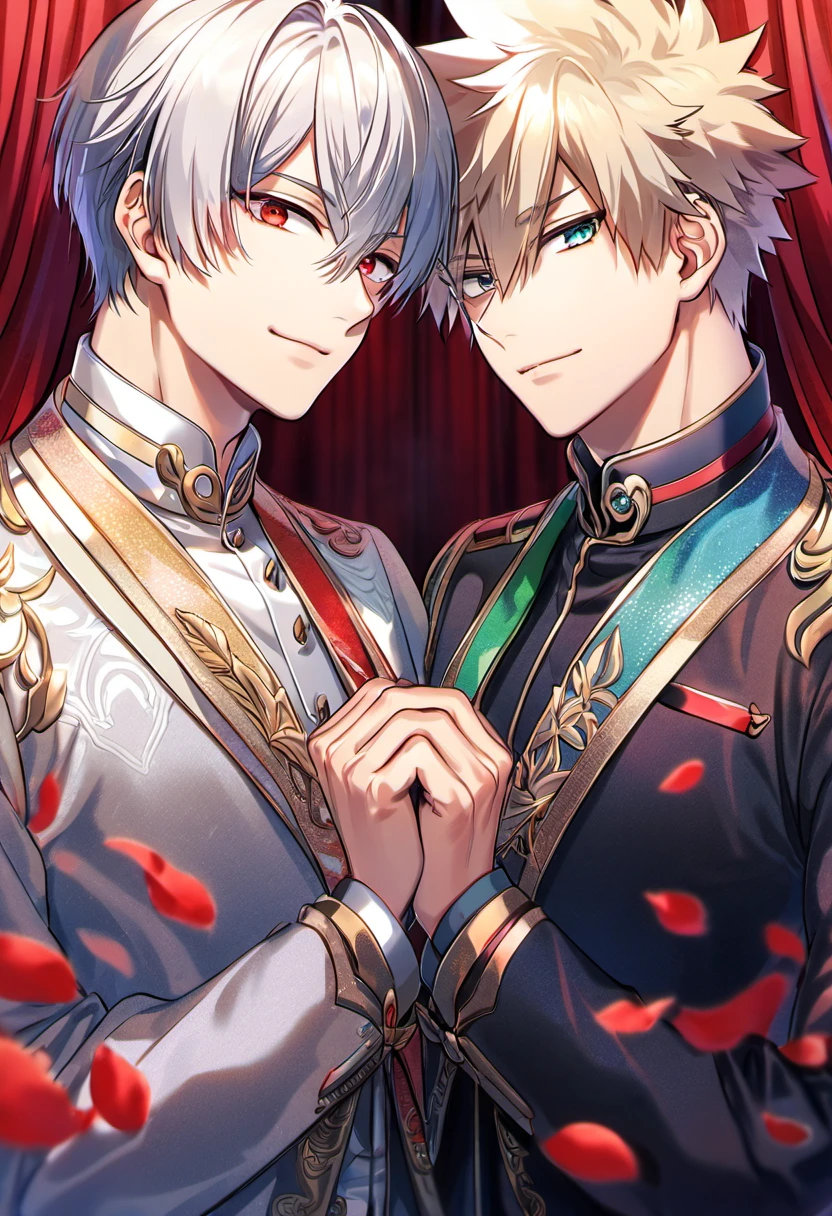 Ultra detailed, highres, absurdres, HDR, Bakugo Katsuki, ash blonde hair, red eyes, Todoroki Shoto, right side of hair white and left side of hair red, right eye is silver and left eye is aqua, red curtains, petals, handsome, 2 men together, gay couple,