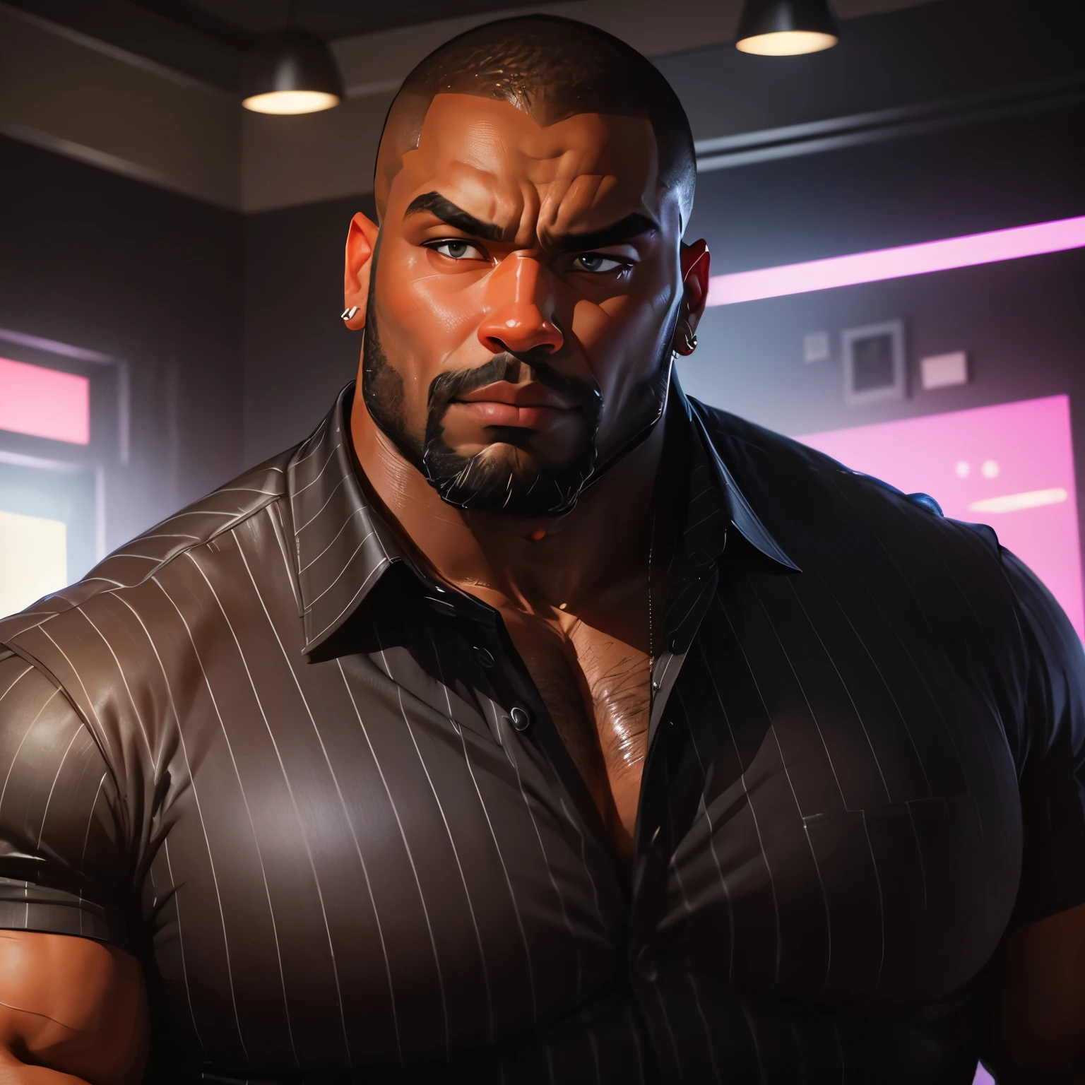 an exaggeratedly muscular and large bodyguard, beefy build, beard, dark-skinned african american male, buzzcut hair with square line, surprised expression, (wearing black striped collared shirt: 1.2), (bara pecs: 1.3), (arm and chest hair: 1.1), close-up portrait HD, (neon lights nightclub)